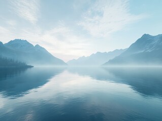 Mystical fog enveloping serene lake surrounded by mountains