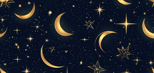 Naklejka premium Seamless celestial zodiac-inspired golden constellation patterns on deep navy, refined mystical luxury pattern, sophisticated high-end cosmic elegance