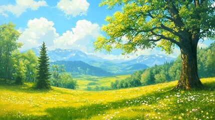 Sunny Summer Landscape with Green Field and Distant Mountains