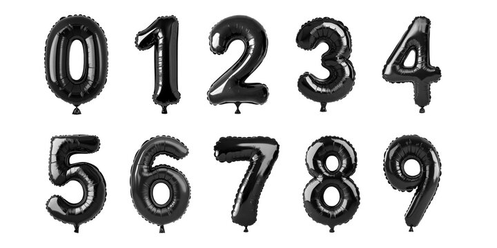 Set of black foil balloon numbers from 0 to 9, isolated on a white background. Perfect for elegant parties, birthdays, and modern event decorations