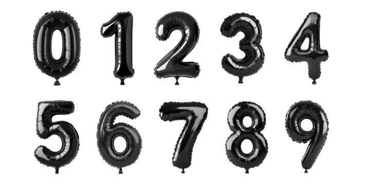 Set of black foil balloon numbers from 0 to 9, isolated on a white background. Perfect for elegant parties, birthdays, and modern event decorations