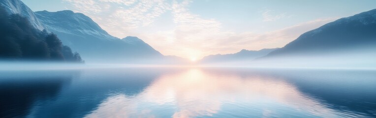Fototapeta premium Fog envelops serene lake surrounded by mountains at sunrise