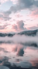 Fototapeta premium Fog drifts over calm lake at dawn in serene natural landscape