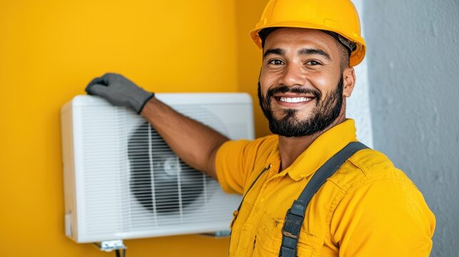 Smiling Technician in Yellow Shirt Installing Air Conditioning Unit Against Bright Yellow Wall