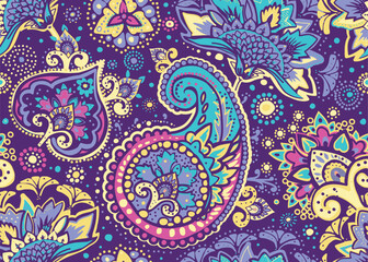 Seamless paisley pattern in Oriental style with floral and ethnic motifs for printed fabric, wallpaper, and packaging