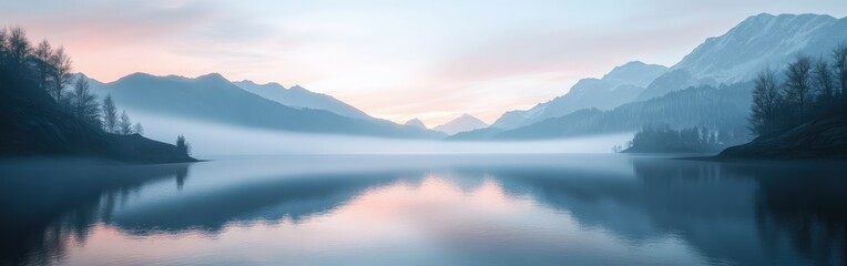 Fog envelops tranquil lake surrounded by mountains at dawn