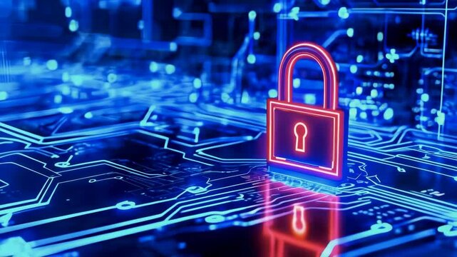 A glowing digital lock encircled by streams of binary code and data points, representing cybersecurity