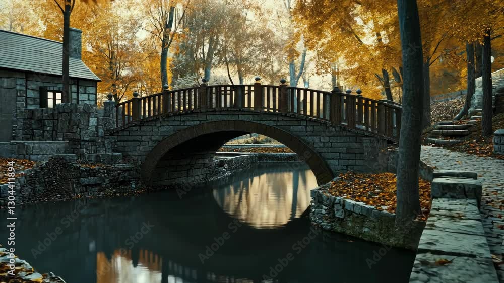 Poster beautiful autumn view of a bridge over a tranquil canal with surrounding trees and a rustic house in