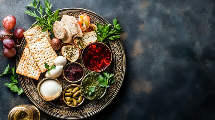 Passover table setting with a traditional Passover seder plate with symbolic meal, matzah and Haggadah. Table served for Passover Seder.