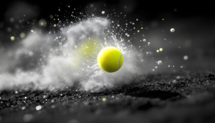 Close-up of a tennis ball in motion, just before making contact with the racket strings, with dust particles flying, capturing the intensity and speed of the game.
