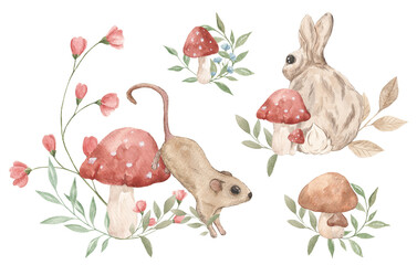 Forest animals, magic forest. Mushrooms, fly agarics. Butterflies. Fox, hare, chipmunk, squirrel, mice. Snail. Forest compositions with animals and mushrooms. Cottagecore. Decor. Scrapbooking.