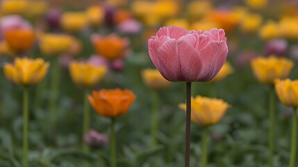 Obraz premium Pink Tulip in a Field of Orange and Yellow Tulips