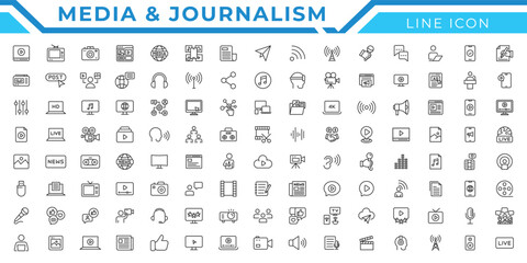 Media and journalism line icon set. Mass media, social networks, public media, journalism, communication, networking vector icons collection.
