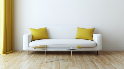 White Sofa with Yellow Pillows in Minimalist Living Room