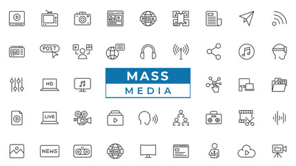 Mass media line icon set. Mass media, social networks, public media, journalism, communication, networking vector icons collection.