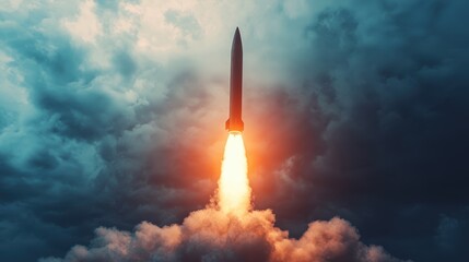 Dramatic Rocket Launch with Vivid Flames Against Dark, Stormy Sky Captured in Stunning Detail