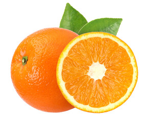 Orange fruit with leaves and slices isolated, Orange fruit macro studio photo, transparent PNG,...