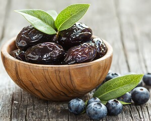 Dried dates in bowl with blueberries
