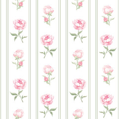 Seamless pattern of peonies. Watercolor pink peonies. Home textile. Print for fabric. Scrapbooking. Fabric. Delicate floral pattern, spring. May. Peonies blooming.