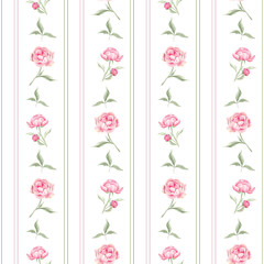 Seamless pattern of peonies. Watercolor pink peonies. Home textile. Print for fabric. Scrapbooking. Fabric. Delicate floral pattern, spring. May. Peonies blooming.