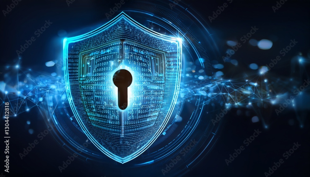 Poster a digital shield symbolizes cybersecurity, featuring a keyhole and binary code, representing data pr