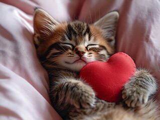 Sleepy kitten hugs heart in bed
