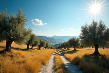 Obraz premium Serene Countryside Path Sunlit Gravel Road Winding Through Golden Grass and Lush Olive Groves Under a Clear Blue Sky