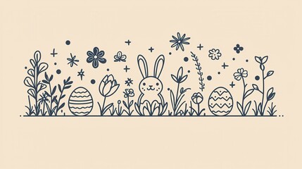 Easter celebration with bunny and eggs in a blooming garden spring illustration whimsical playful