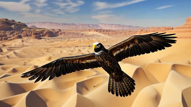 Majestic eagle soaring over vast desert landscape with mountains in the background