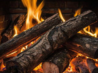Fireplace Glow. Details of firewood with softly glowing coals. Warm flame for a cold evening