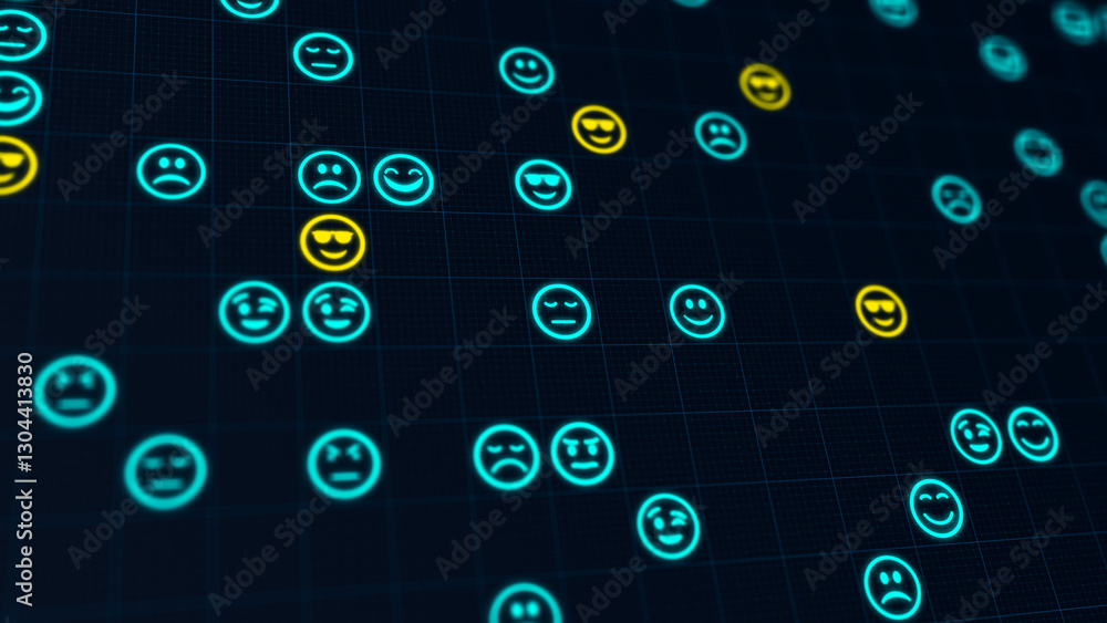 Poster blue and yellow glowing emoji icons matrix on a grid. bokeh effect, horizontal composition. funny ba