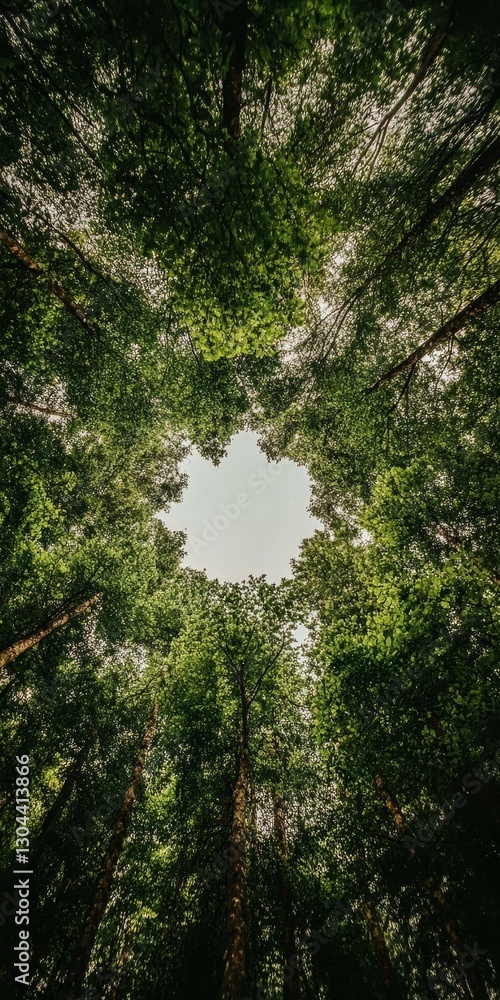 Poster looking up through the canopy a circular frame of green leaves from towering trees in the forest