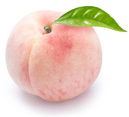 Peach fruit with leaf isolated on white background, Fresh Peach on White Background with work path.