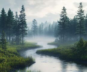 Fototapeta premium Fog envelops a serene river in a peaceful forest
