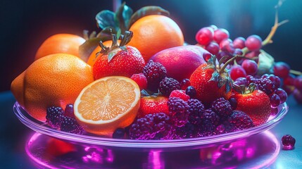 A futuristic holographic fruit display, sci-fi inspired food photography