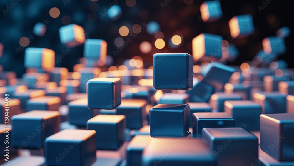 Poster abstract visualization of floating cubes in a vibrant digital environment during nighttime illuminat