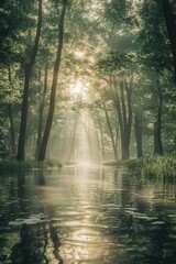 Fototapeta premium Misty morning in a tranquil forest with sunlight breaking through