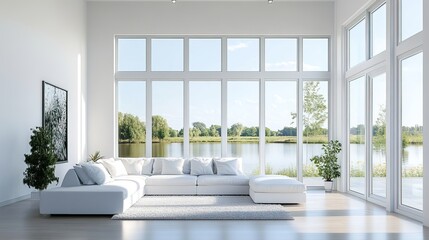Fototapeta premium Minimalist living room with clean design and soft light, embodying modern simplicity and elegance. 