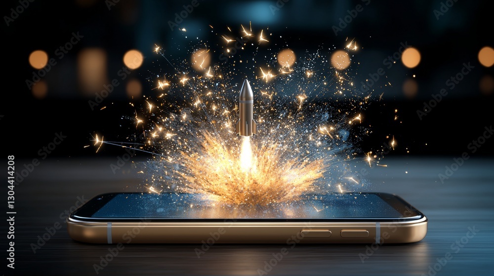 Aufkleber explosive rocket launch from smartphone screen futuristic digital environment conceptual art high-te