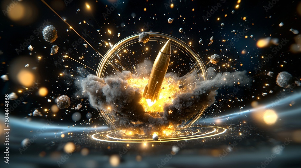 Poster explosive rocket launch action outer space digital art cosmic environment dramatic viewpoint the pow