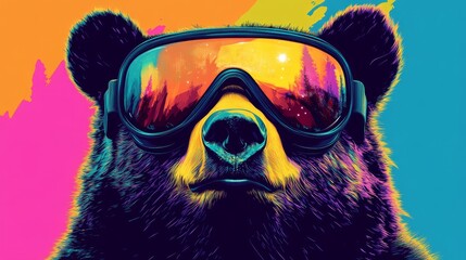 Bear in Goggles: Vibrant Pop Art - A stylish black bear wearing ski goggles, set against a colorful abstract background. Bold, vibrant colors and pop art