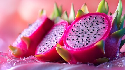 A close-up of a halved dragon fruit, vibrant magenta tones with green spikes