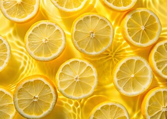 Fototapeta premium Aerial View of Lemon Slices in Water, Yellow Background - Vibrant Summer Stock Photo