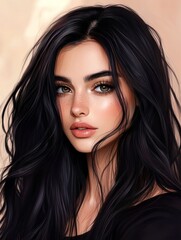 Naklejka premium Beautiful Woman with Long Black Hair - Portrait of a young woman with long, flowing black hair and light skin. Her expression is soft and serene