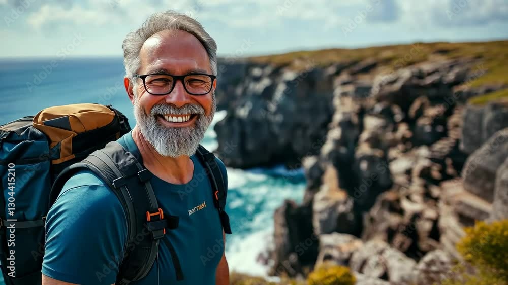 Poster man with a backpack and glasses is smiling at the camera. he is standing on a cliff overlooking the 