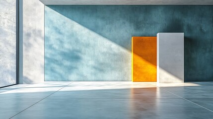 Sunlit Modern Room Minimalist Design Orange White Panels. AI Generated