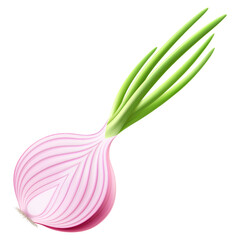 Half a fresh onion. Half of ripe red onion with green feather isolated on white background. Healthy food. Natural vegetable. Realistic 3d vector illustration