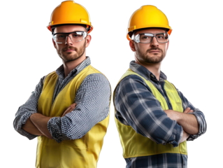 Construction professional wearing a safety helmet and glasses, front and side view, isolated on a transparent or white background