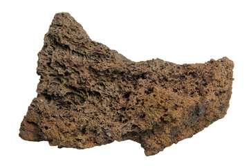 Natural red lava rock with a porous texture and rugged surface isolated on transparent background....
