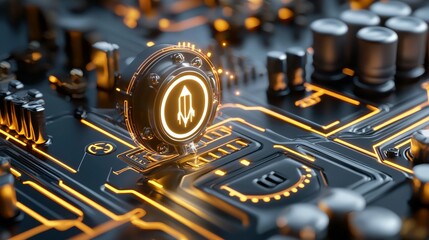 Exploring the fusion of technology and design a close-up view of a circuit board with illuminated elements in a futuristic environment